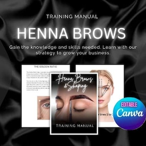 Könnte beinhalten: Ein Trainingshandbuch für Henna-Augenbrauen mit dem Titel "Henna Brows & Shaping" und dem Text "The Golden Ratio" und "Editable Canva".