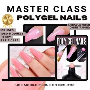 Könnte beinhalten: Werbung für einen Meisterkurs für Polygel-Nägel. Das Bild zeigt einen Computerbildschirm und ein Tablet mit Nagelkunst. Der Text enthält "Enthält: Videomodule, Theorie, Zertifikat" und "Online-Anmeldung auf der Website".