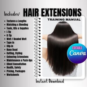 Op de afbeelding: Een trainingshandleiding getiteld "Hair Extensions" met een spiraalbinding. De omslag toont een vrouw met lang, donker haar. De handleiding bevat onderwerpen als texturen, lengtes, matching, blending, tools en styling. Het Canva-logo is zichtbaar.