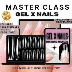 Peut inclure: Image promotionnelle pour un cours de maître Gel X Nails. L'image présente le texte "MASTER CLASS GEL X NAILS" et comprend un sceau doré, un ordinateur portable et une tablette affichant des modèles d'ongles et des informations de formation. Le texte "INCLUDES: VIDEO MODULES, THEORY, CERTIFICATE" est également présent.