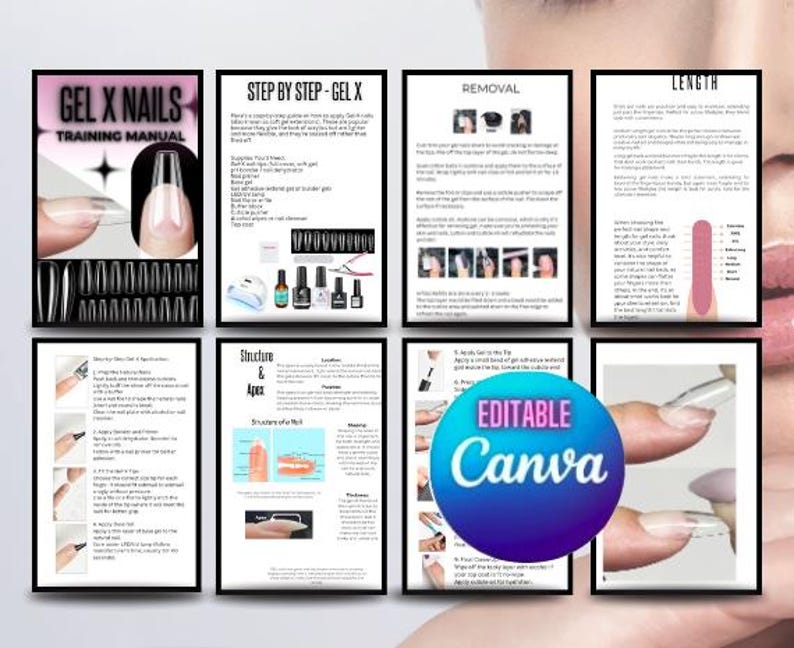 May include: A training manual for gel x nails with step-by-step instructions on how to apply, structure, and remove the nails. The manual includes images of the process and a section on nail length.