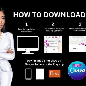 May include: A graphic illustration showing how to download digital files from Etsy. The illustration shows a computer screen with the Etsy website open. The steps are numbered 1, 2, and 3. The text says "Open the Etsy site on your computer", "Click purchases and reviews at the top right corner", and "Click the "download files" and save to computer". The illustration also shows that downloads do not show on phones, tablets, or the Etsy app. The illustration also shows the Etsy logo and the Canva logo.