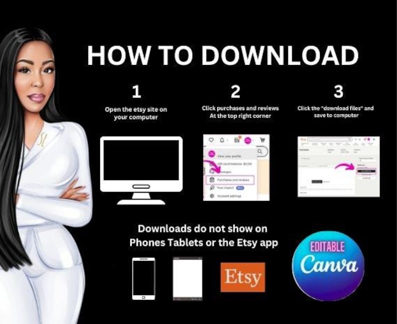 May include: A graphic illustration showing how to download digital files from Etsy. The illustration shows a computer screen with the Etsy website open. The steps are numbered 1, 2, and 3. The text says "Open the Etsy site on your computer", "Click purchases and reviews at the top right corner", and "Click the "download files" and save to computer". The illustration also shows that downloads do not show on phones, tablets, or the Etsy app. The illustration also shows the Etsy logo and the Canva logo.