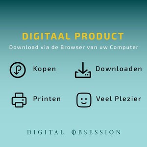 May include: A teal and yellow graphic with the text "DIGITAAL PRODUCT" and instructions to download via a computer browser. Icons for buying, downloading, printing, and enjoying are included. The text "DIGITAL OBSESSION" is at the bottom.
