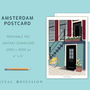 Cartão postal de Amsterdã para impressão, download digital desenhado à mão, arte em PDF 4x6, ideia de presente de Amsterdã, cartão postal de viagem para impressão