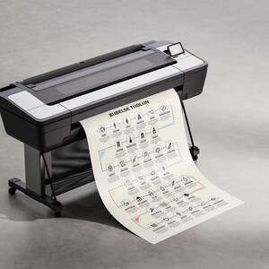 May include: A large format printer in black and gray is printing a diagram on a large sheet of paper. The paper has a diagram with text and icons. The printer is on a stand with wheels.