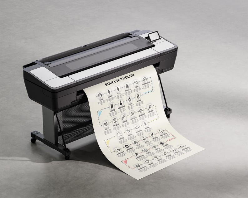 May include: A large format printer in black and gray is printing a diagram on a large sheet of paper. The paper has a diagram with text and icons. The printer is on a stand with wheels.
