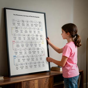 May include: A framed print titled "The Missionary Journeys of Paul the Apostle" with a black frame. The print features a detailed infographic with text and icons, depicting Paul's travels. A young person in a pink shirt is holding the framed print.