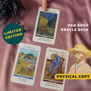 Może przedstawiać: Limitowana edycja talii kart Oracle Van Gogha z trzema widocznymi kartami, każda z obrazem i słowem. Karty są oznaczone jako "Zaufanie", "Przynależność" i "Smutek". Widoczne są również słowa "Edycja Limitowana" i "Kopia Fizyczna".