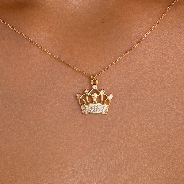 Collier couronne, collier couronne en plaqué or 14 carats, bijoux minimalistes, cadeau de la Saint-Valentin, cadeau pour femme et mère de la Saint-Valentin, argent 925