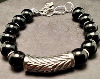 Men's Black Beaded Bracelet | Stainless Steel and Beaded Black clasp bracelet | Stainless Steel Focal Bead | NC Handmade Jewelry