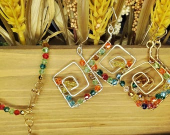 Handmade Wire Wrapped Jewelry Set, Colorful Bicone Crystal Beaded Square Spiral Earrings and Bracelet, Rainbow Wire Work Statement Set