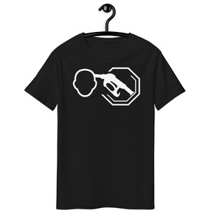 May include: Black t-shirt with a white graphic of a gas pump with a stop sign over it.