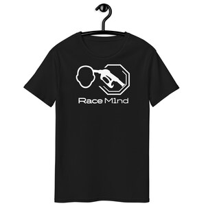May include: Black t-shirt with a white graphic of a person's head connected to a gas pump nozzle inside an octagon. The text "Race Mind" is below the graphic. The t-shirt is hanging on a black hanger.