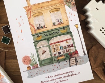 Illustration aquarelle automne cosy - La librairie, citation Hemingway -  Carte postale, affiche, reproduction