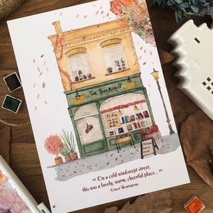 Cozy Autumn Watercolor Illustration - The Bookstore, Hemingway Quote - Postcard, Poster, Reproduction
