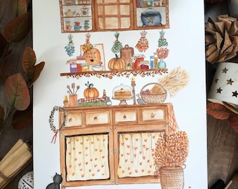 Illustration aquarelle automne - Cuisine cosy - Carte postale, affiche