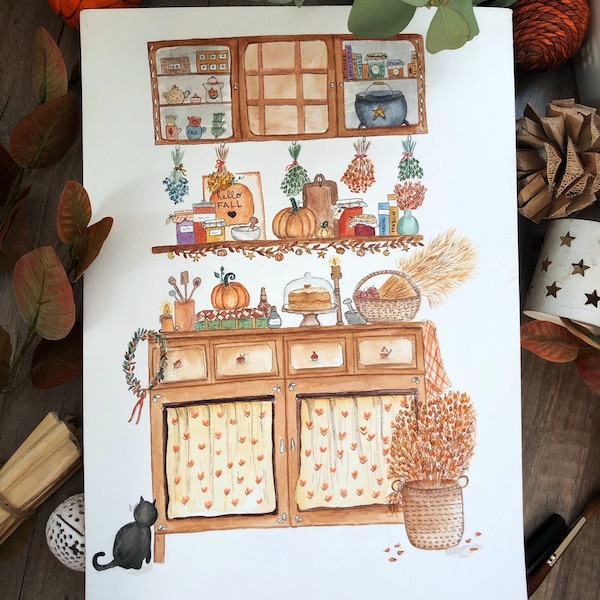 Illustration aquarelle automne - Cuisine cosy - Carte postale, affiche
