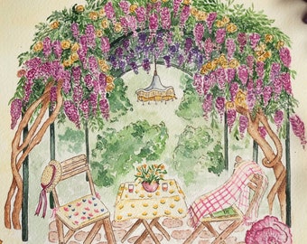 Spring watercolor, illustration “Under the flowered arbor, wisteria, cozy, flowers, garden - card, poster
