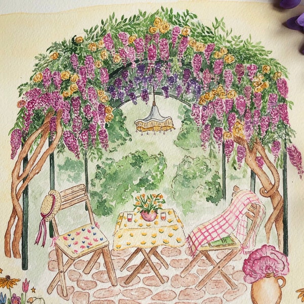 Aquarelle de printemps, illustration « Sous la tonnelle fleurie, glycine, cosy, fleurs, jardin - carte, affiche