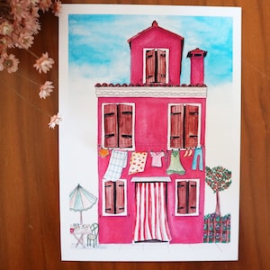 La maison rose de Burano - illustration de printemps, aquarelle, Italie, voyage  | Carte et affiche
