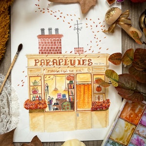 La boutique de Mary Poppins, illustration automne - Aquarelle décorative saisonnière - Carte postale, affiche