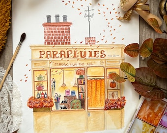 La boutique de Mary Poppins, illustration automne - Aquarelle décorative saisonnière - Carte postale, affiche