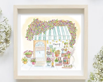 Illustration de printemps à l'aquarelle - Fiore, le magasin de fleurs, fleuriste - Carte, affiche