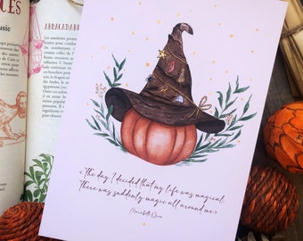 Carte automne décoration - halloween, citrouille et magie - Illustration originale aquarelle citation magie