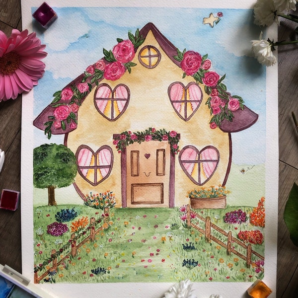 Illustration aquarelle, Le petit cottage fleuri - Carte, affiche printemps romantique, saint valentin, amour, cottage core