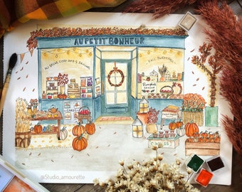 Illustration aquarelle décorative automne cosy - Au petit bonheur - Carte postale, affiche