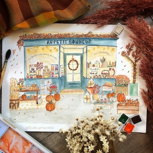 Illustration aquarelle décorative automne cosy - Au petit bonheur - Carte postale, affiche