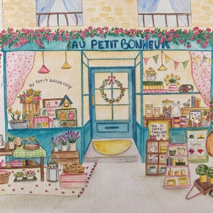 Illustration de printemps à laquarelle Au petit Bonheur Boutique cosy fleurie, bohème carte postale, affiche image 1