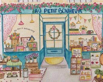 Illustration de printemps à l’aquarelle - Au petit Bonheur - Boutique cosy fleurie, bohème - carte postale, affiche
