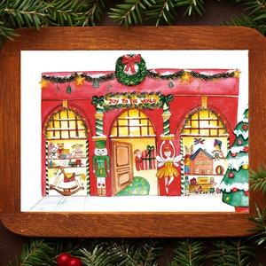 Illustration de Noël à l'aquarelle Carte Magasin de jouets Affiche, carte de voeux, cadeau de Noël image 1