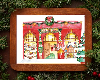 Illustration de Noël à l'aquarelle - Carte Magasin de jouets - Affiche, carte de voeux, cadeau de Noël