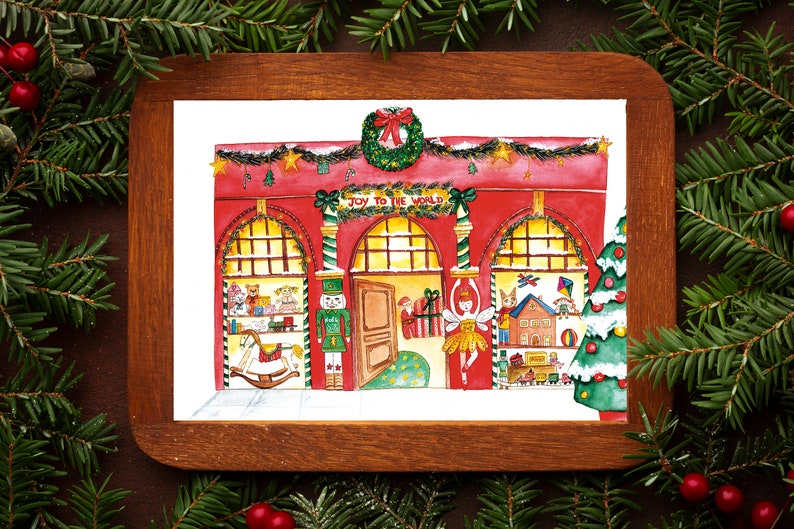 Illustration de Noël à l'aquarelle Carte Magasin de jouets Affiche, carte de voeux, cadeau de Noël image 1
