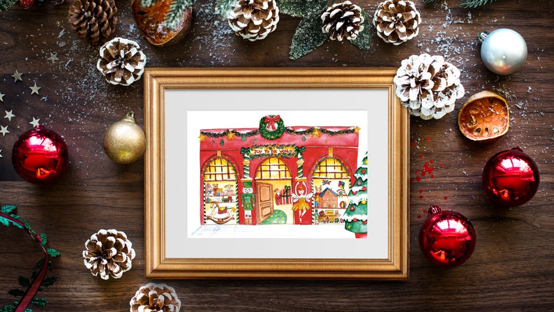 Illustration de Noël à l'aquarelle Carte Magasin de jouets Affiche, carte de voeux, cadeau de Noël image 3