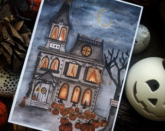 Carte aquarelle Halloween - Le manoir du clair de lune, citrouille et magie