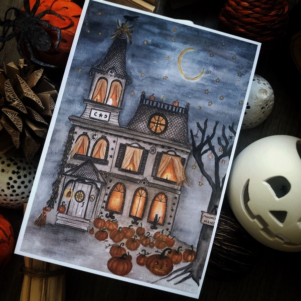 Carte aquarelle Halloween - Le manoir du clair de lune, citrouille et magie