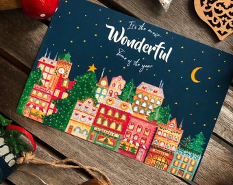 Carte de Noël - It’s the most wonderful Time of the year - illustration aquarelle, carte de vœux.