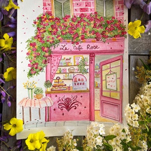 The Pink Cafe - Watercolor illustration of spring flowers in retro storefront - Postcard, poster