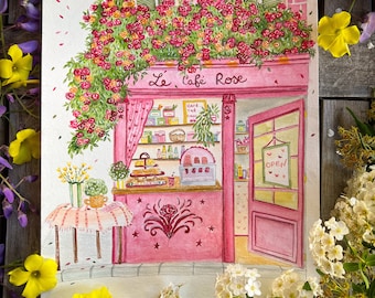 Le café rose - illustration aquarelle printemps fleurs devanture rétro - carte postale, affiche