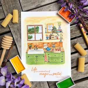 Illustration de printemps aquarelle, Cuisine cosy, citation - carte, affiche, reproduction