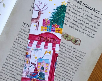 Bookmark - The toy store, vintage Christmas - Watercolor illustration, end of year holiday gift, cozy