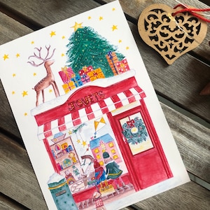 Christmas card, the toy store, Christmas windows, children at Christmas - greeting card, watercolor illustration