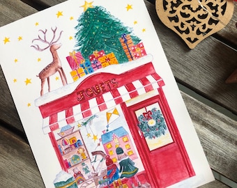 Carte de Noel, le magasin de jouets, vitrines de Noel, enfants à Noel - carte de vœux, illustration aquarelle