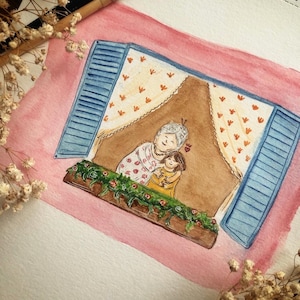 Illustration à l’aquarelle, une grand-mère et sa petite-fille à la fenêtre -  carte, affiche - Fête des grands-mères, famille