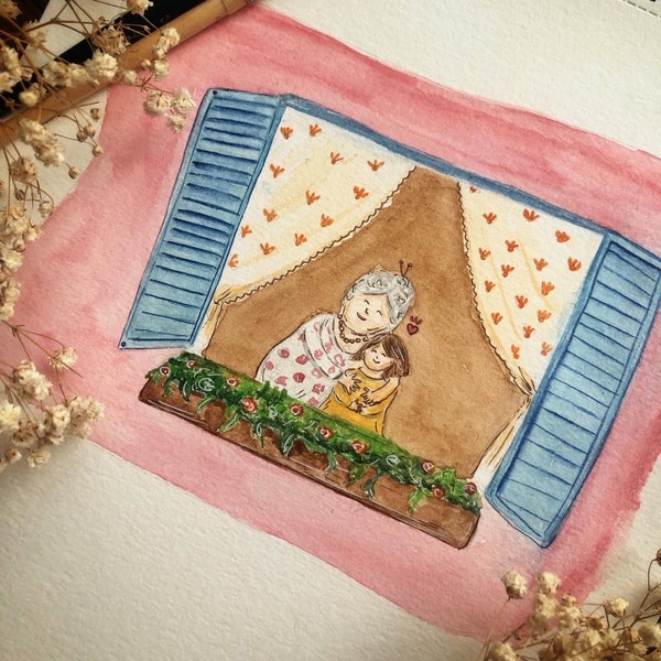 Illustration à l’aquarelle, une grand-mère et sa petite-fille à la fenêtre -  carte, affiche - Fête des grands-mères, famille