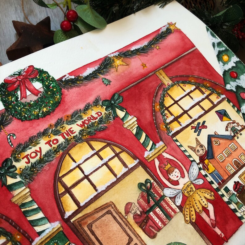 Illustration de Noël à l'aquarelle Carte Magasin de jouets Affiche, carte de voeux, cadeau de Noël image 4